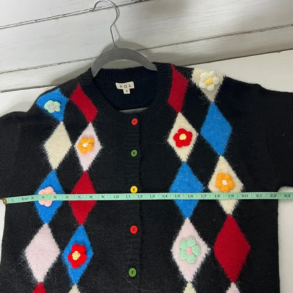 POL Argyle Diamond Floral Cardigan Black Knit Button Front Sweater Size Small